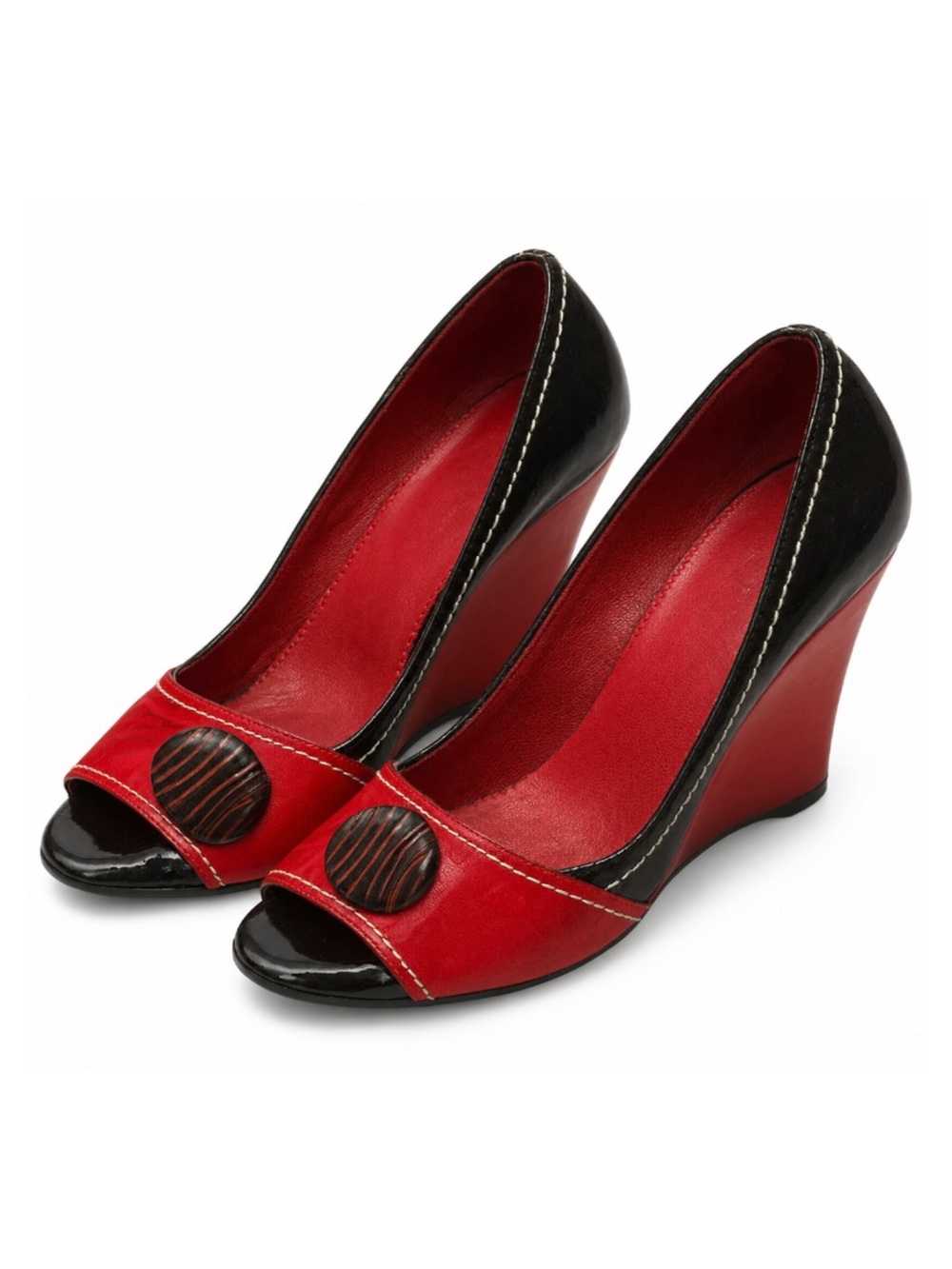 Vintage Women's gothic y2k Beatle juice vibe Red and Black Peep-Toe Wedge Heels